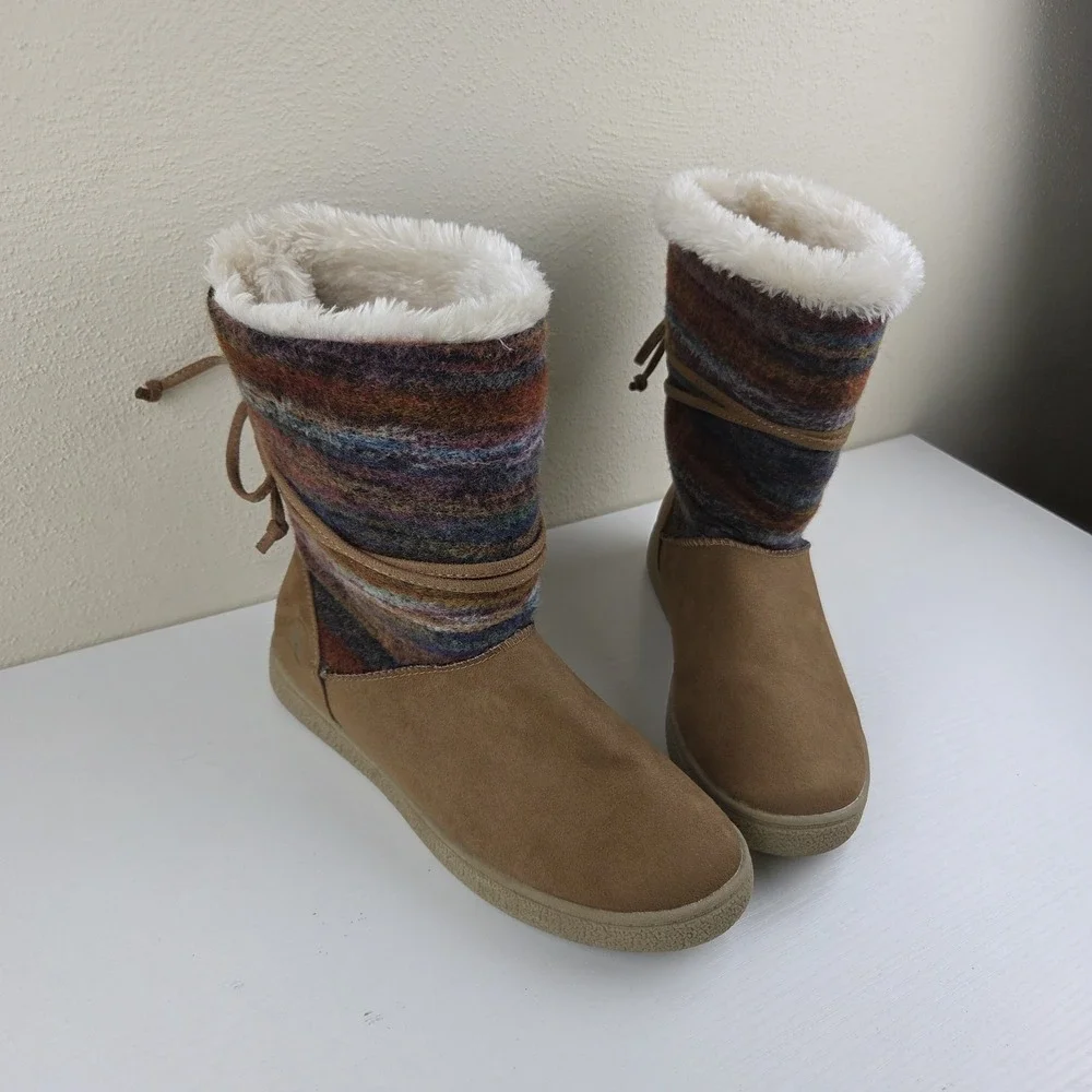 Airwalk Venus Mid Calf Boots Womens‎ Sz 7.5 Cognac Brown Multicolor Sherpa Lined